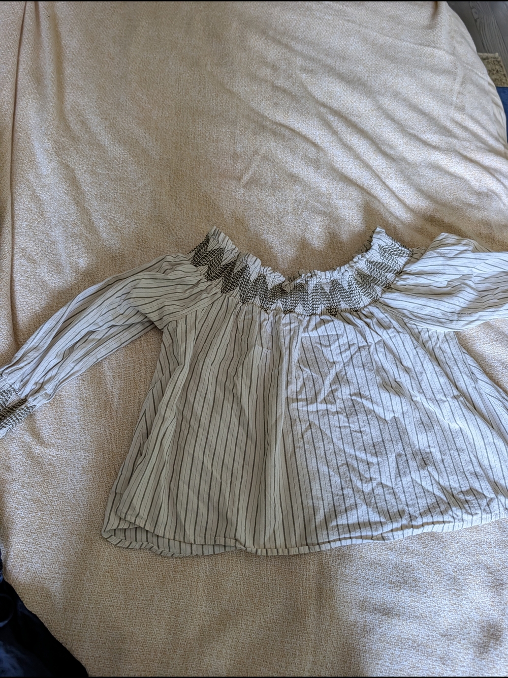 Moon River White Off-Shoulder Pinstripe Blouse with Green Stitching